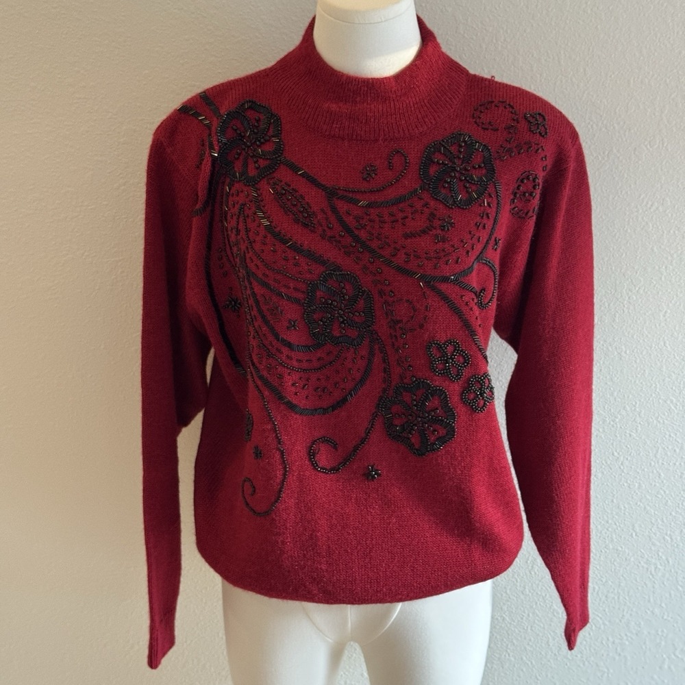 VTG Alfred Dunner Stunner Mock Neck Beaded Sequin Red Knit Sweater Sz L Holiday